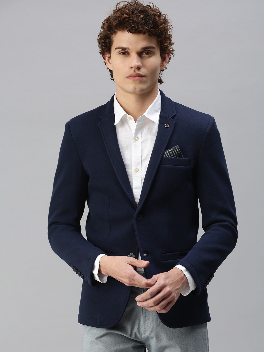 SHOWOFF Men Navy Blue Solid Notched Lapel Full Sleeves Slim Fit Open Front Blazer