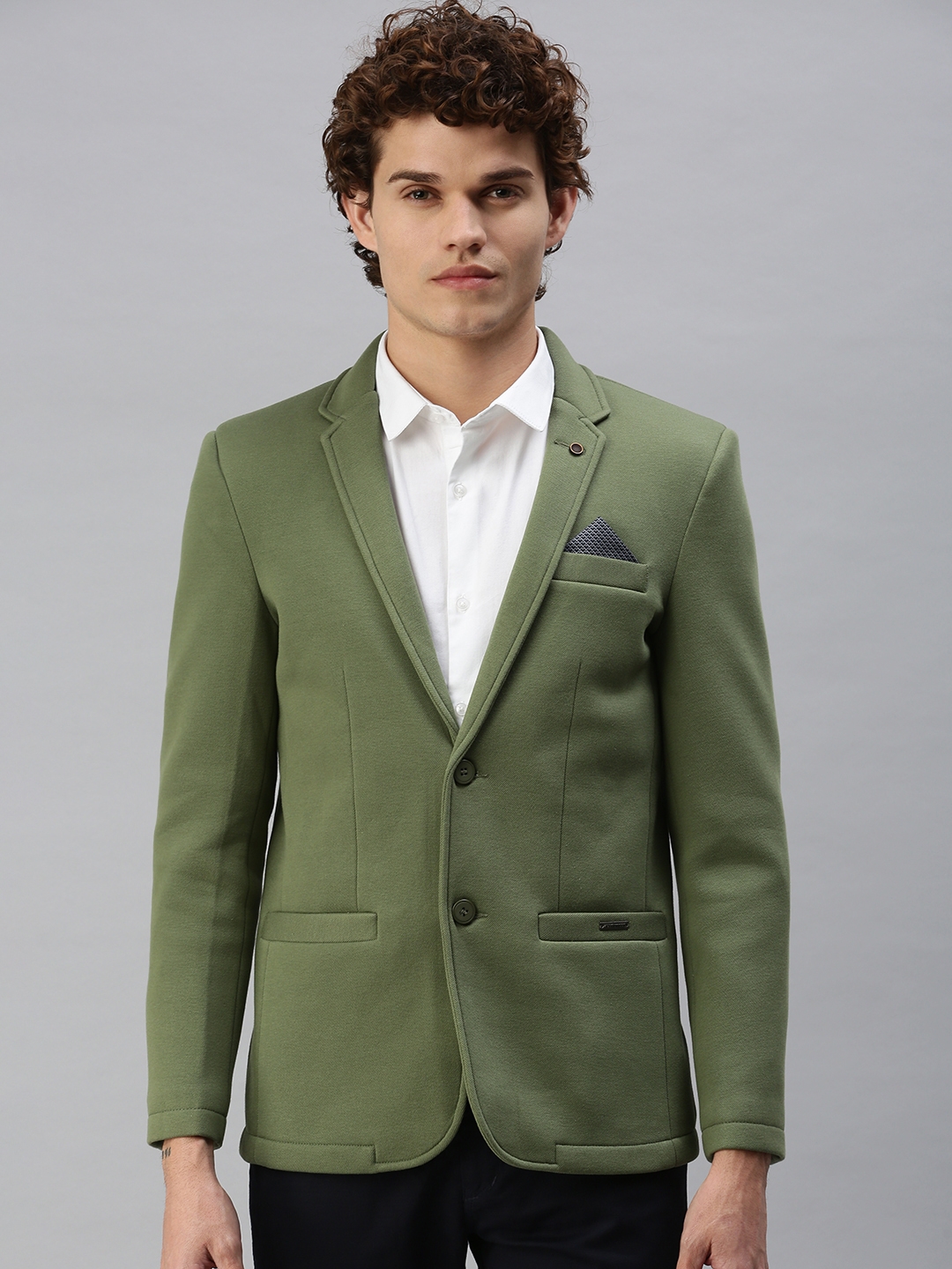 Men's Green Cotton Blend Solid Blazers