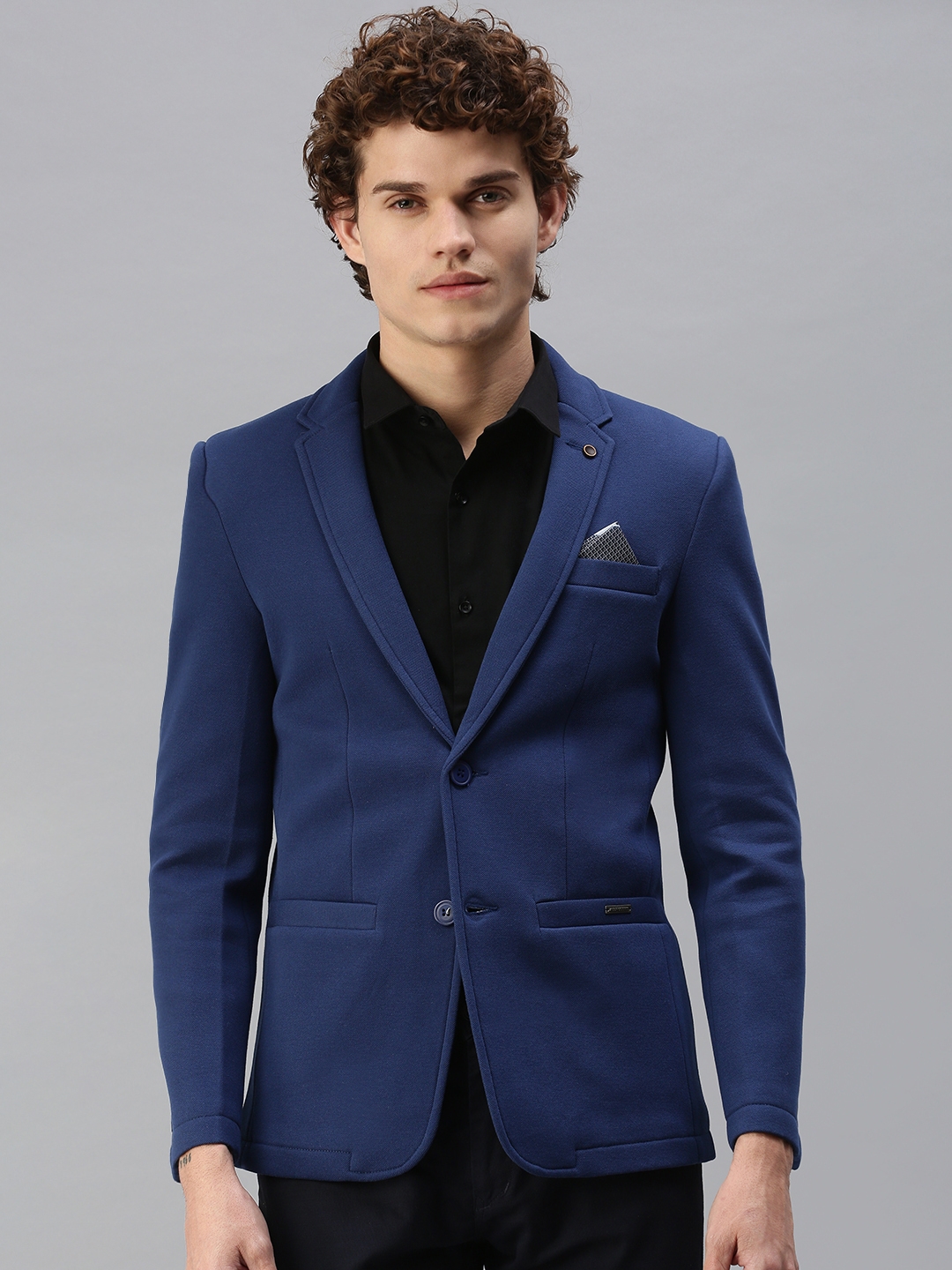 SHOWOFF Men Blue Solid Notched Lapel Full Sleeves Slim Fit Open Front Blazer