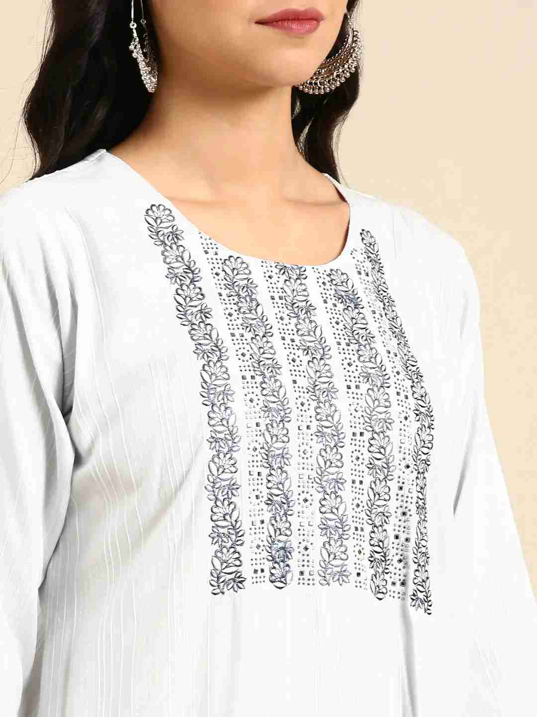 SHOWOFF Women Blue Woven Design Round Neck Three-Quarter Sleeves Mid Length Straight Kurta