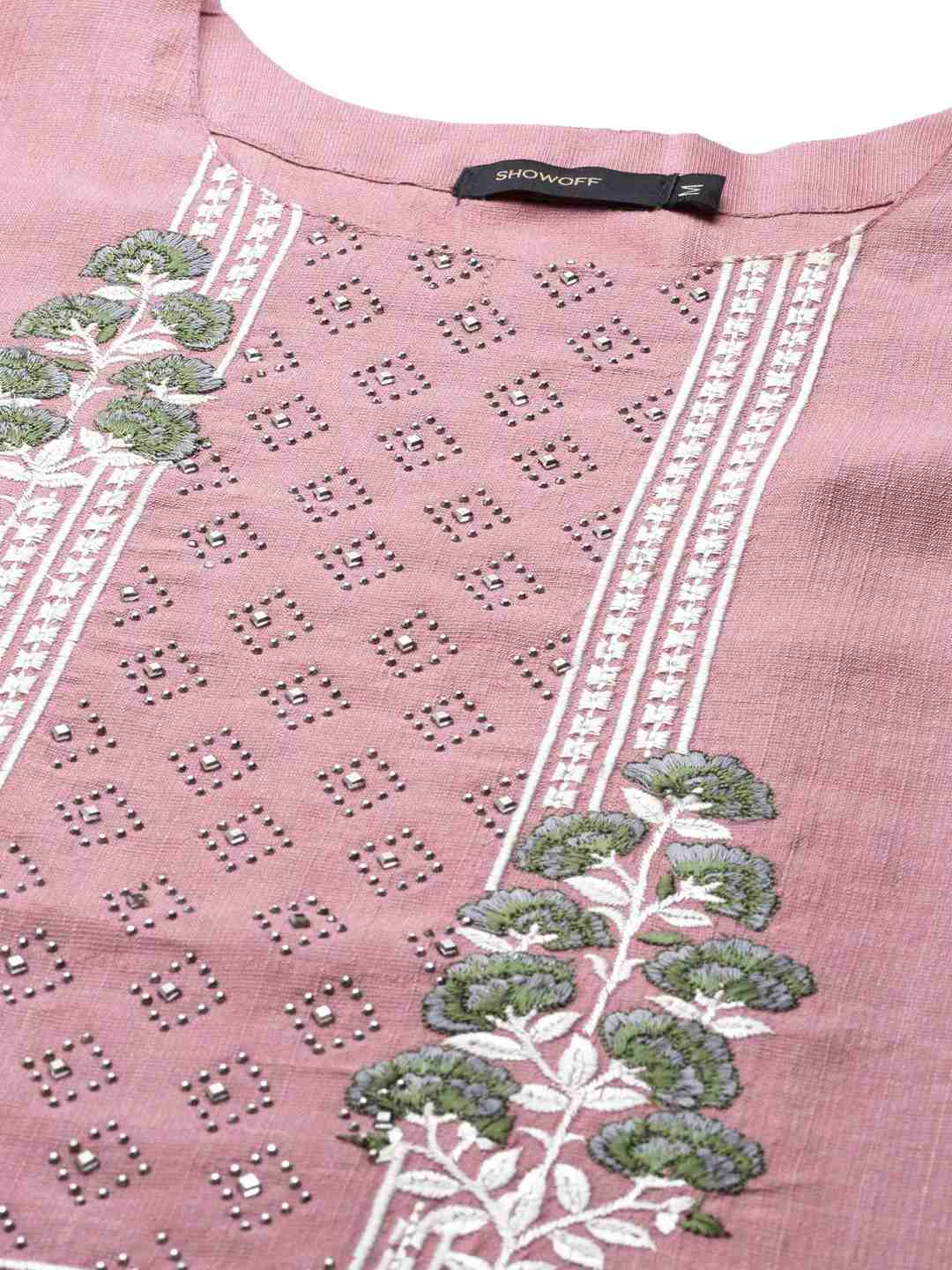 SHOWOFF Women Mauve Solid  Round Neck Three-Quarter Sleeves Mid Length Straight Kurta
