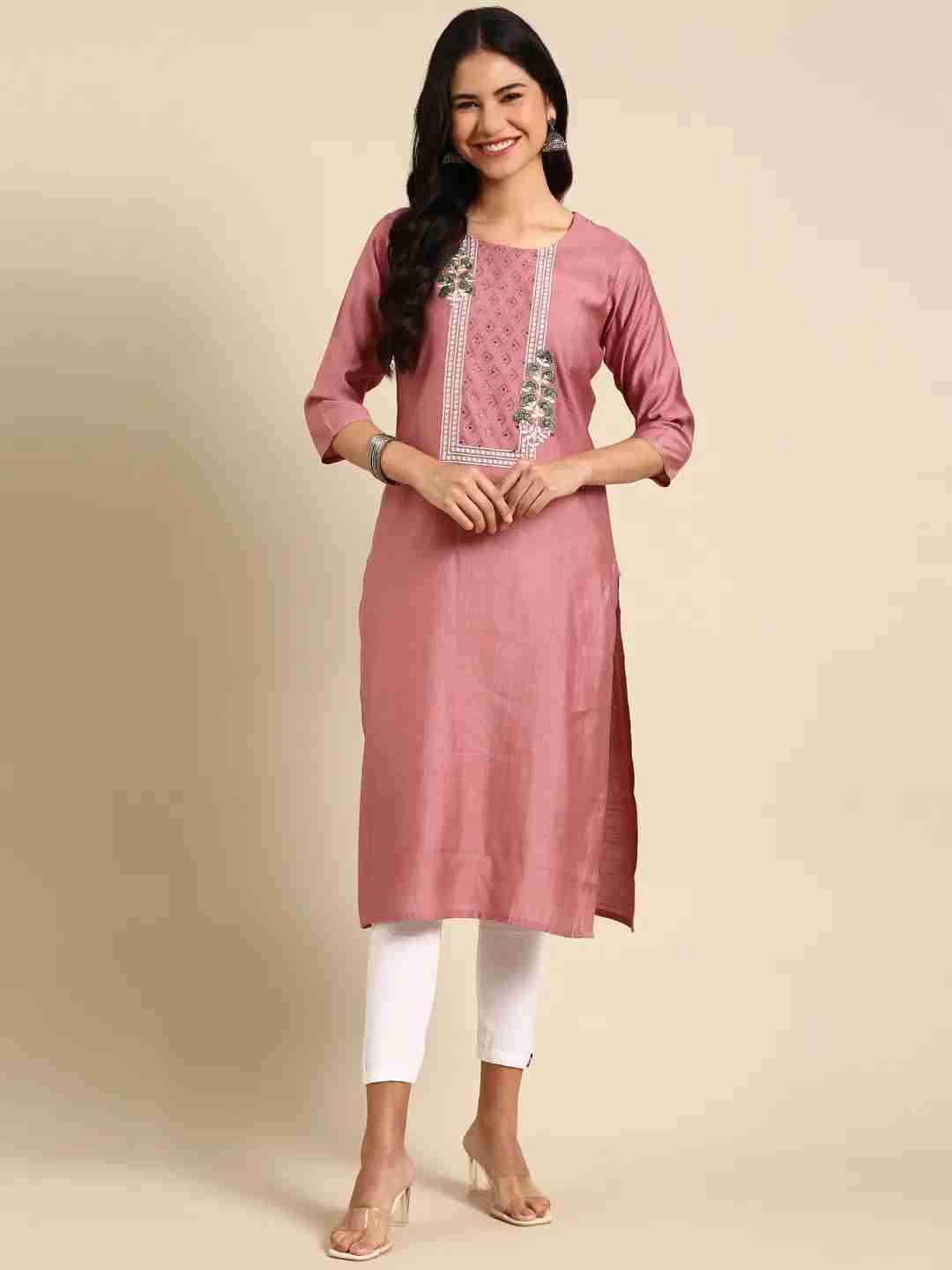SHOWOFF Women Mauve Solid  Round Neck Three-Quarter Sleeves Mid Length Straight Kurta