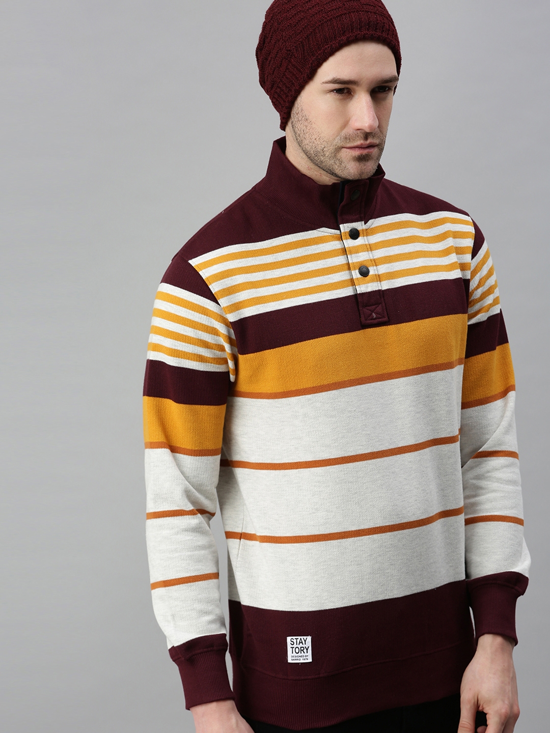 Showoff Men's Cotton Casual Grey and Maroon Striped Sweatshirt