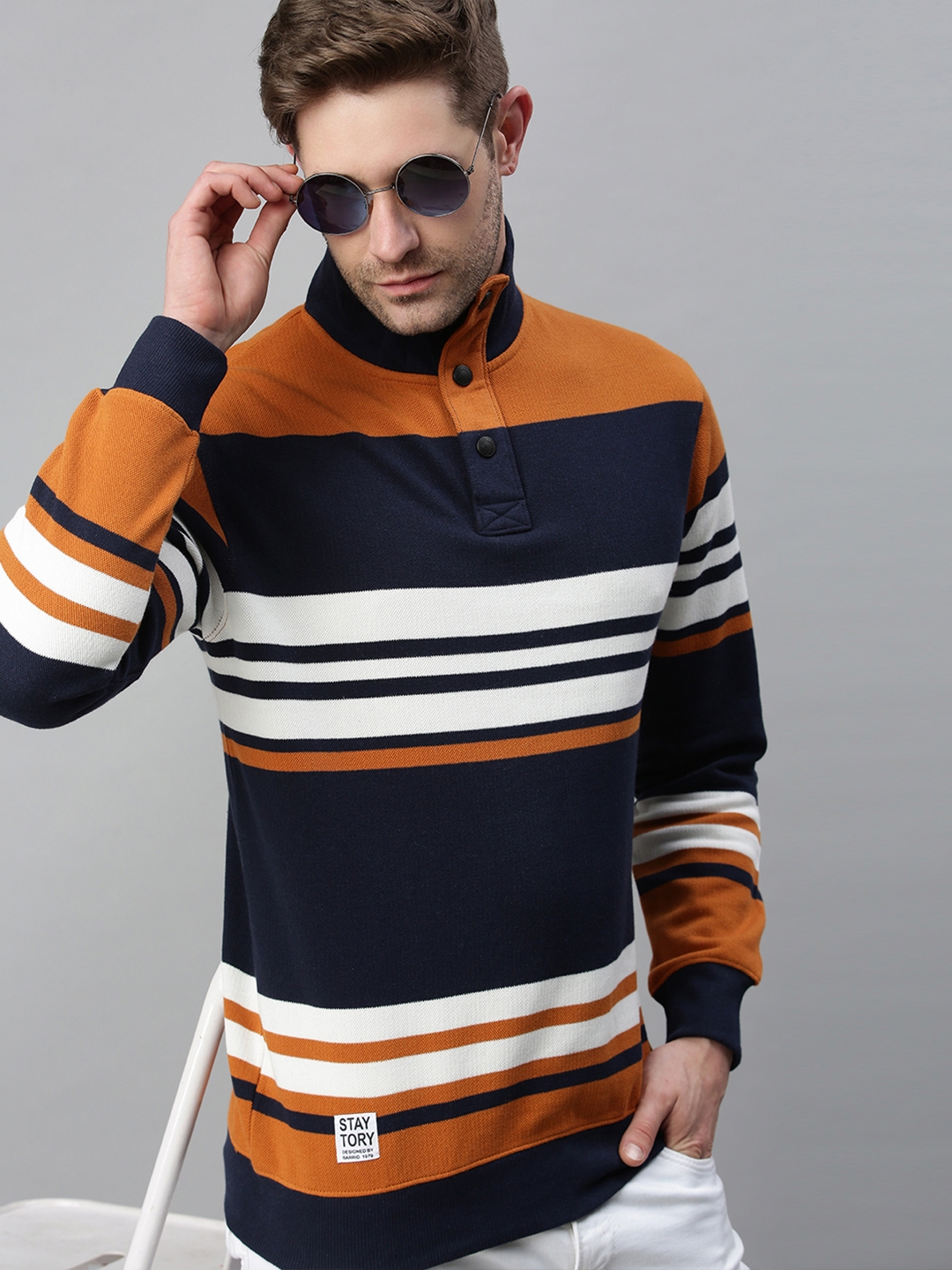 Showoff Men's Cotton Casual Mustard and Navy Striped Sweatshirt
