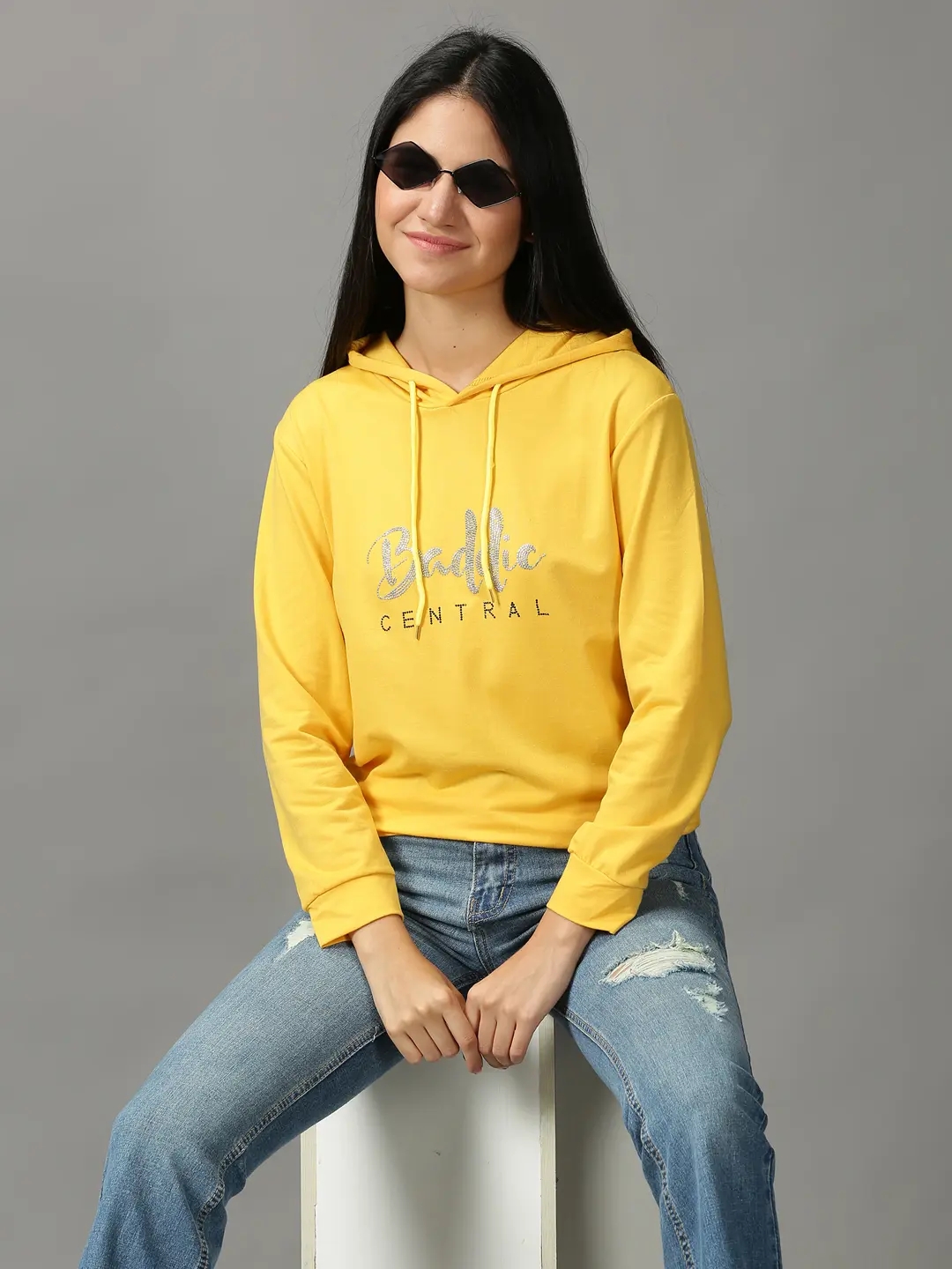 SHOWOFF Women's Long Sleeves Regular Yellow Hooded Sweatshirt