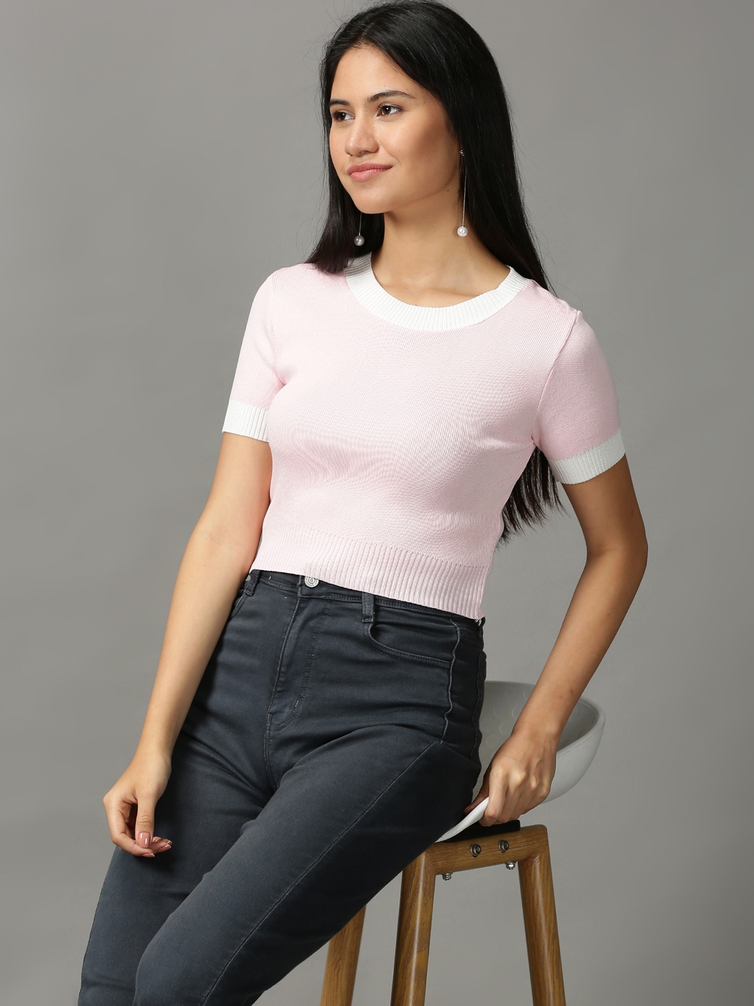 Women's Pink Acrylic Solid Tops