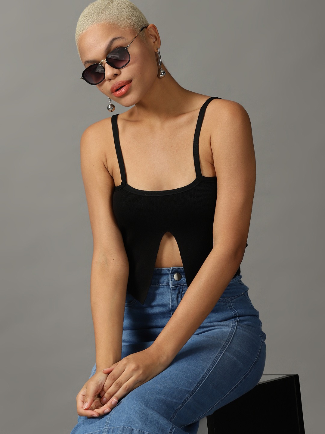 SHOWOFF Women Black Solid Shoulder Straps Sleeveless Crop Fitted Top