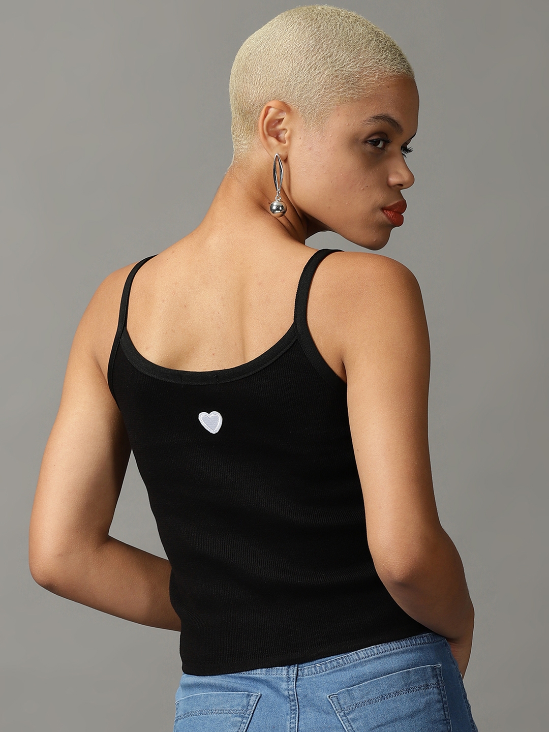 SHOWOFF Women Black Solid Shoulder Straps Sleeveless Crop Fitted Top