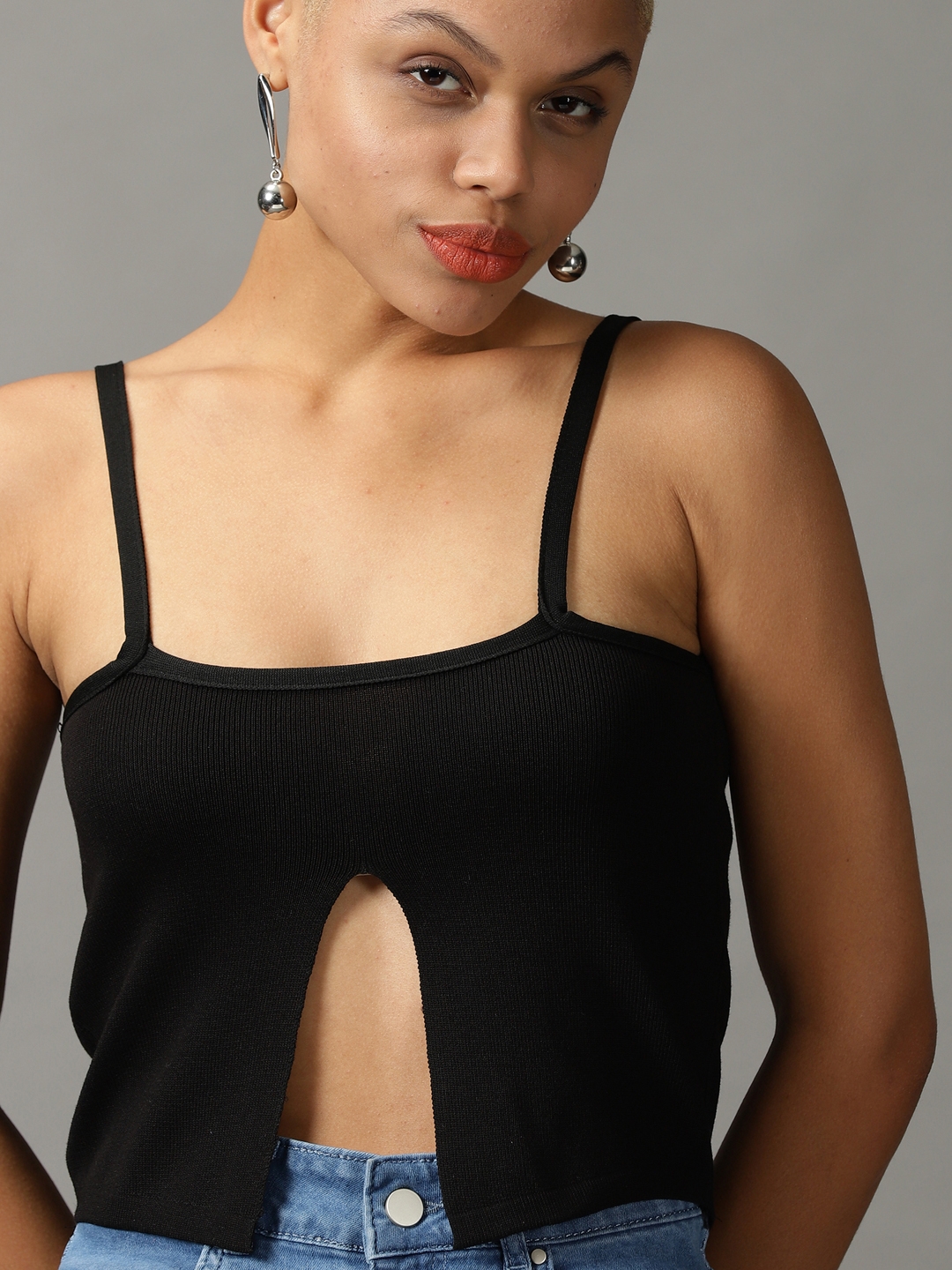SHOWOFF Women Black Solid Shoulder Straps Sleeveless Crop Fitted Top