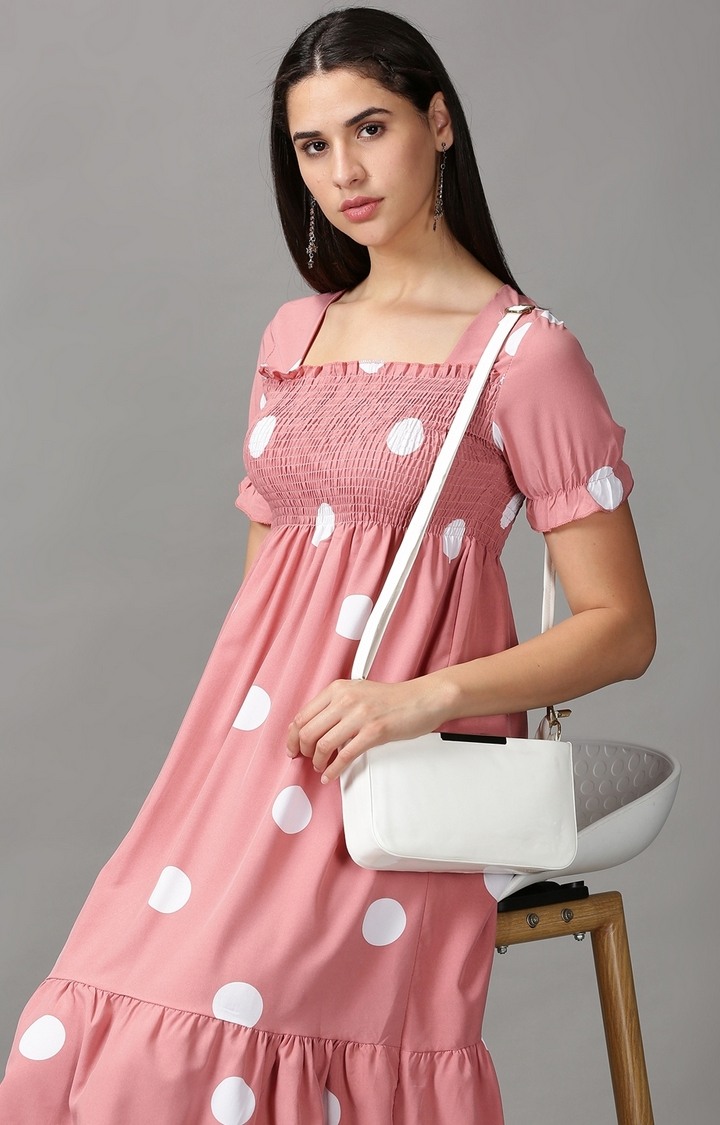 SHOWOFF Women Mauve Printed Square Neck Short Sleeves Midi Fit and Flare Dress
