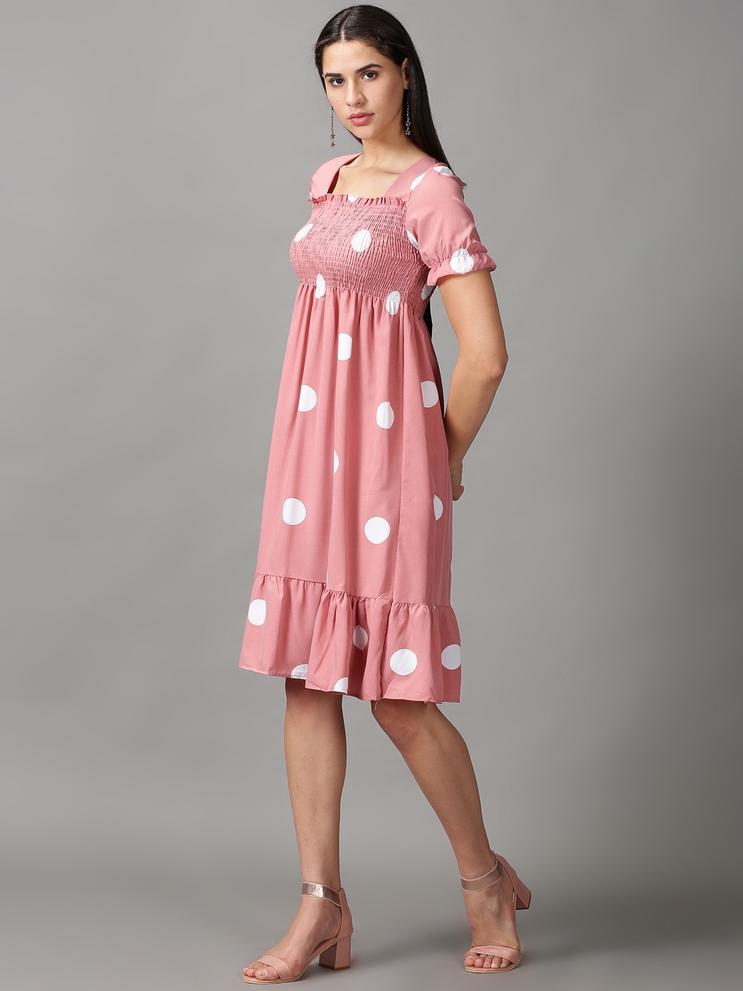 SHOWOFF Women Mauve Printed Square Neck Short Sleeves Midi Fit and Flare Dress