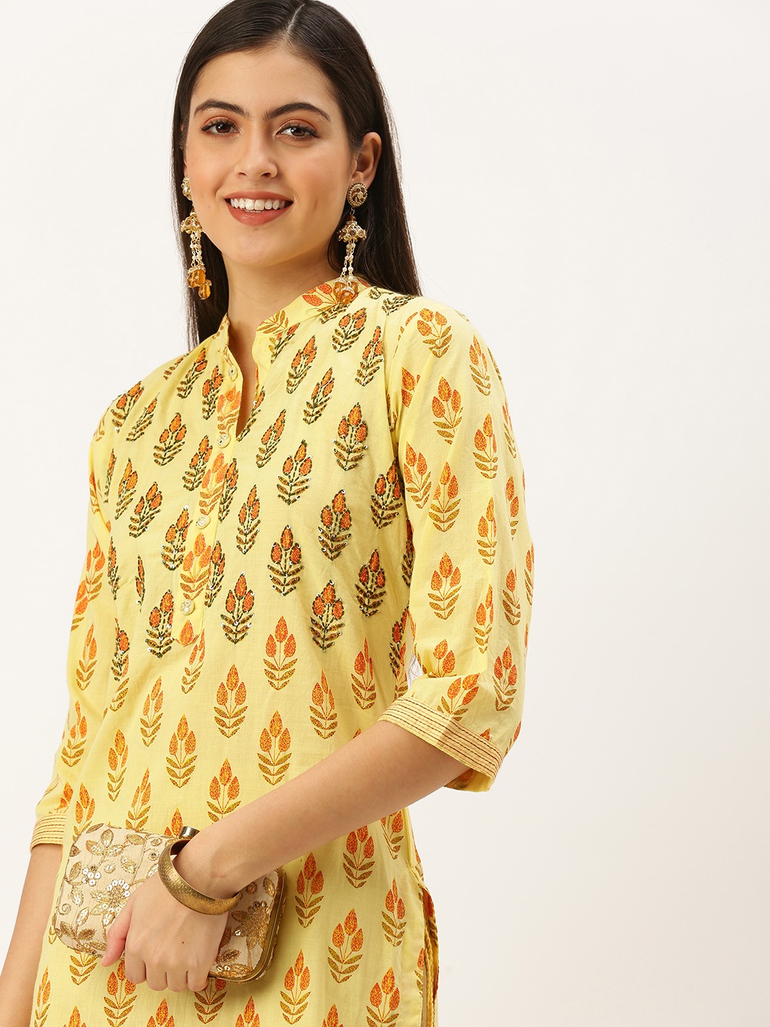 SHOWOFF Women Yellow Embellished Mandarin Collar Three-Quarter Sleeves Mid Length Straight Kurta