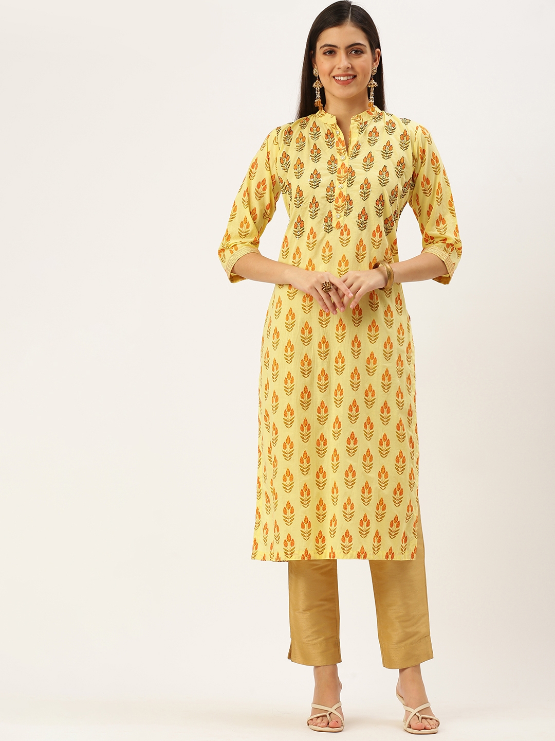SHOWOFF Women Yellow Embellished Mandarin Collar Three-Quarter Sleeves Mid Length Straight Kurta