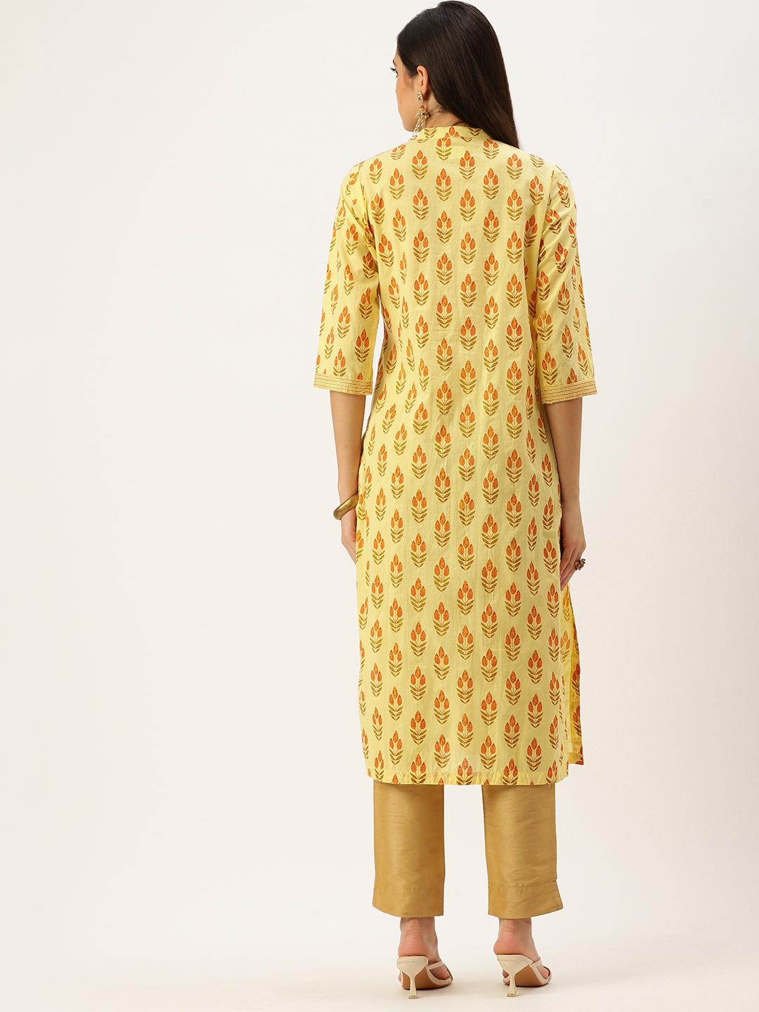 SHOWOFF Women Yellow Embellished Mandarin Collar Three-Quarter Sleeves Mid Length Straight Kurta