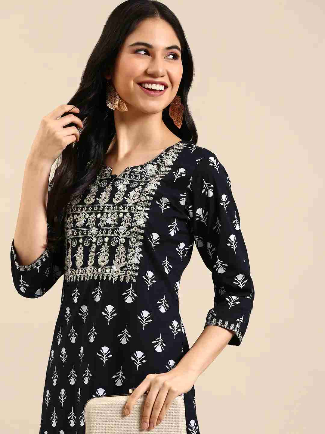 SHOWOFF Women Navy Blue Ethnic Motifs Round Neck Three-Quarter Sleeves Mid Length Straight Kurta