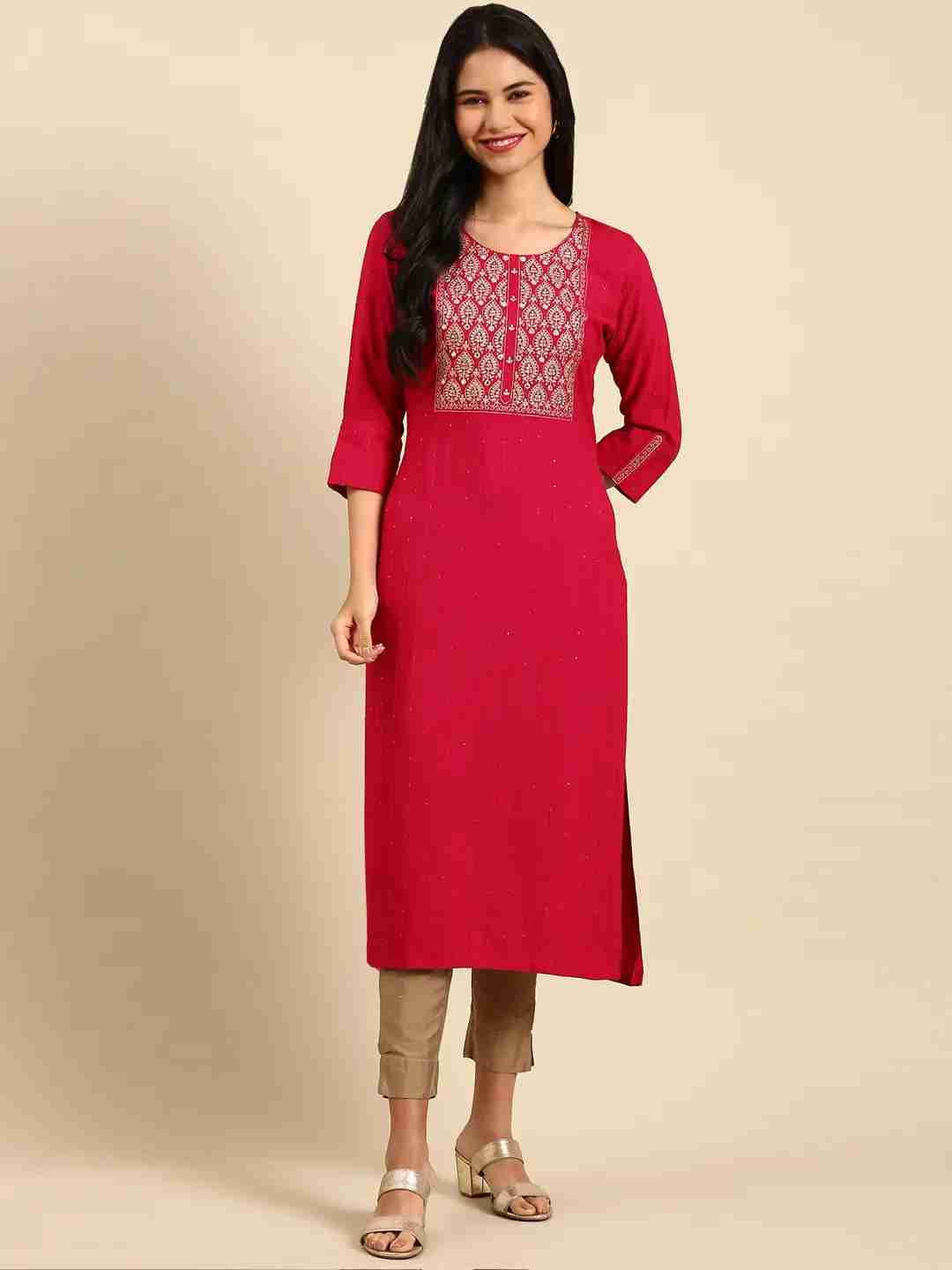 Women's Pink Cotton Solid Comfort Fit Kurtas