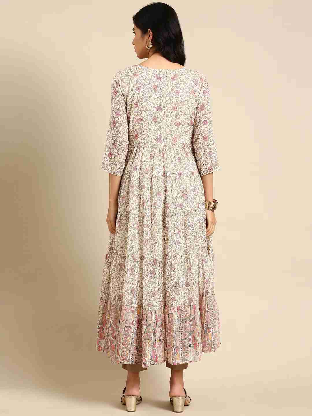 Women's Beige Chanderi Printed Comfort Fit Kurtas
