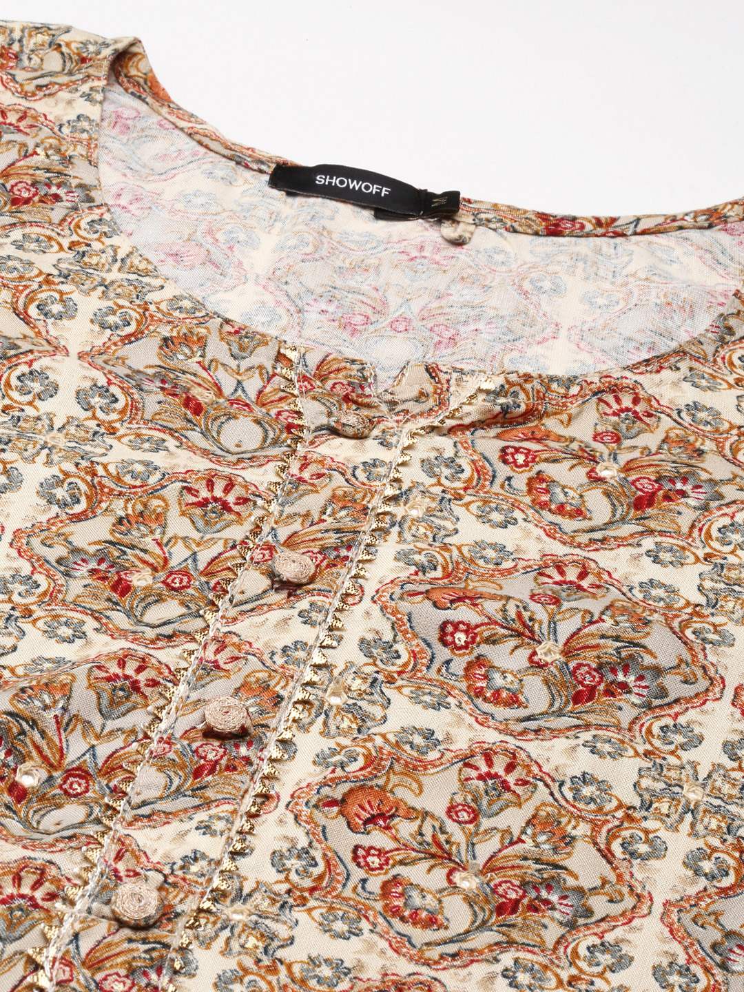 SHOWOFF Women Cream Ethnic Motifs Round Neck Three-Quarter Sleeves Mid Length Straight Kurta