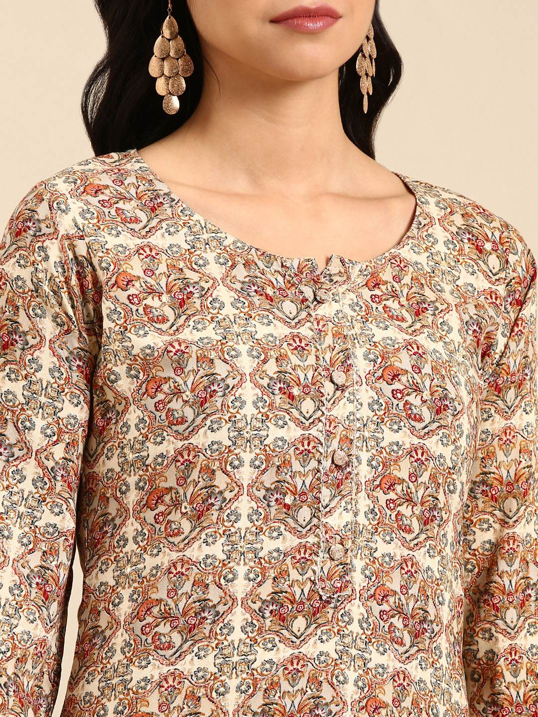 SHOWOFF Women Cream Ethnic Motifs Round Neck Three-Quarter Sleeves Mid Length Straight Kurta
