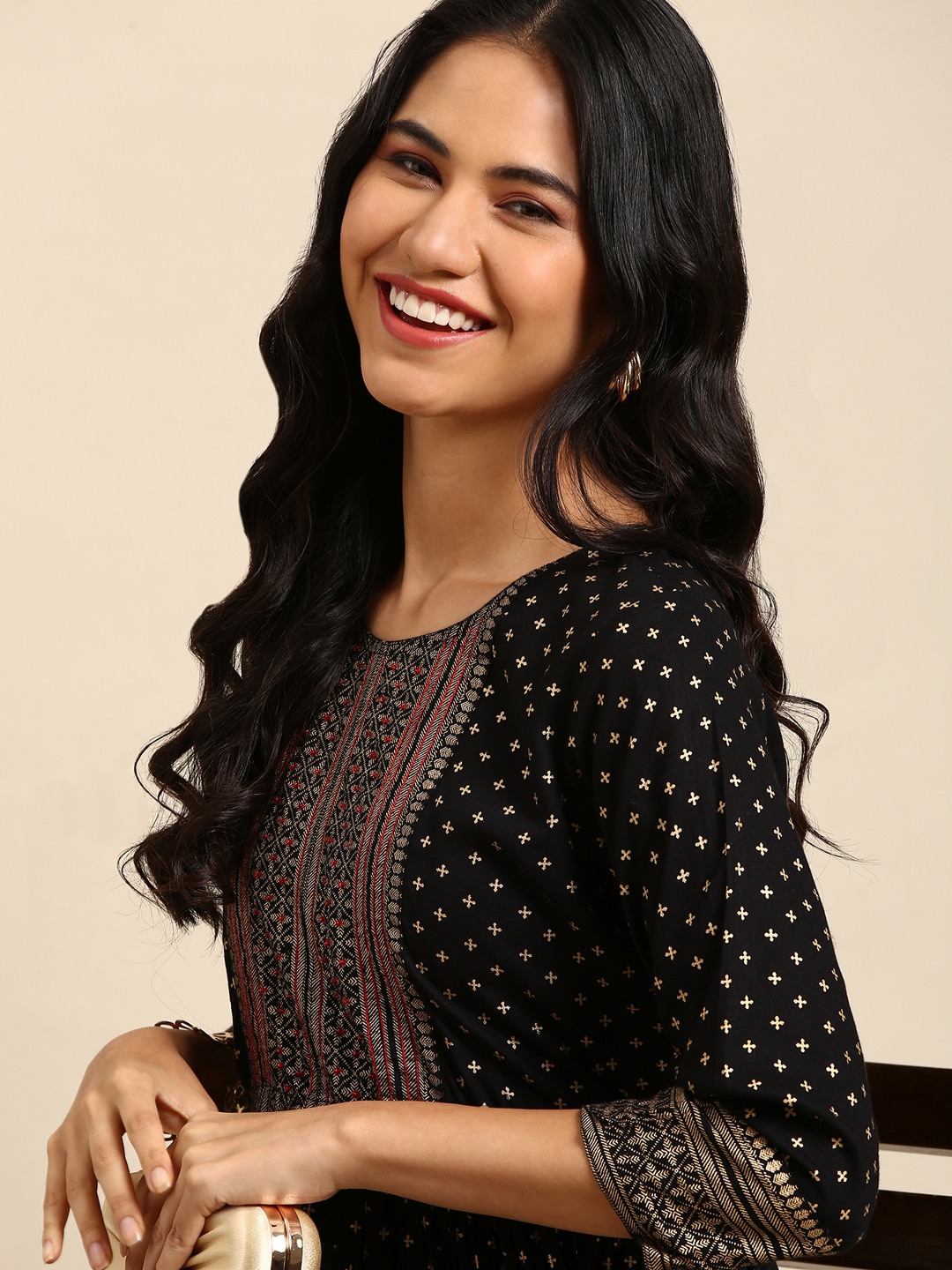 SHOWOFF Women's Round Neck Ethnic Motifs Black Anarkali Kurta