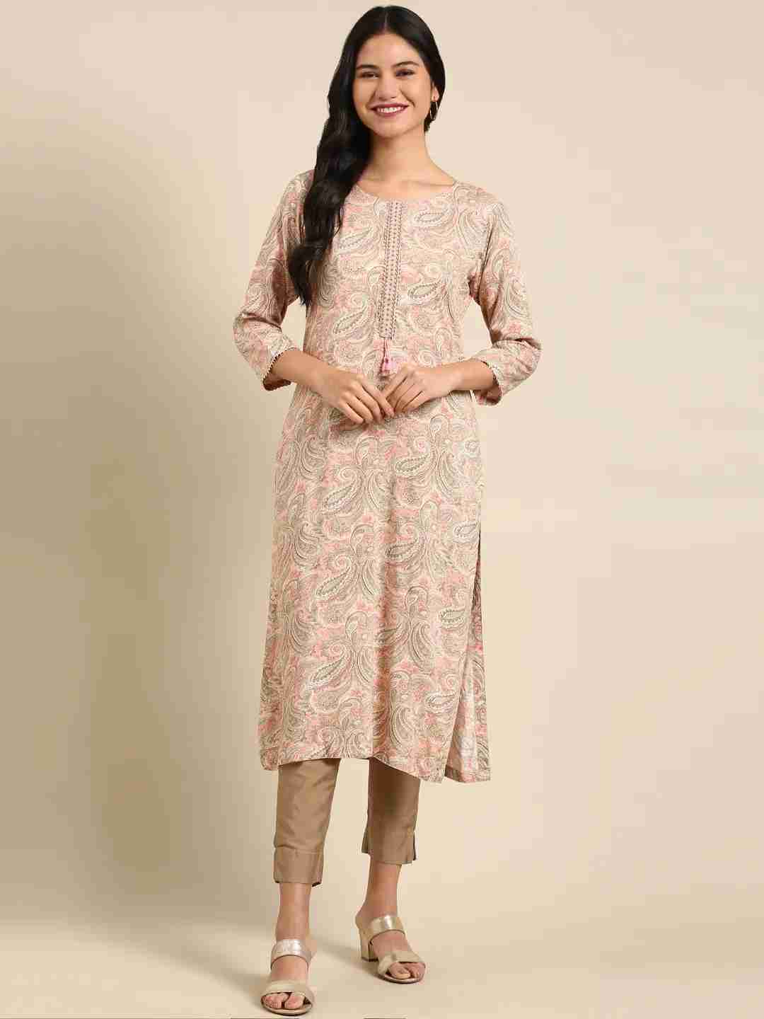SHOWOFF Women's Round Neck Paisley Beige Straight Kurta
