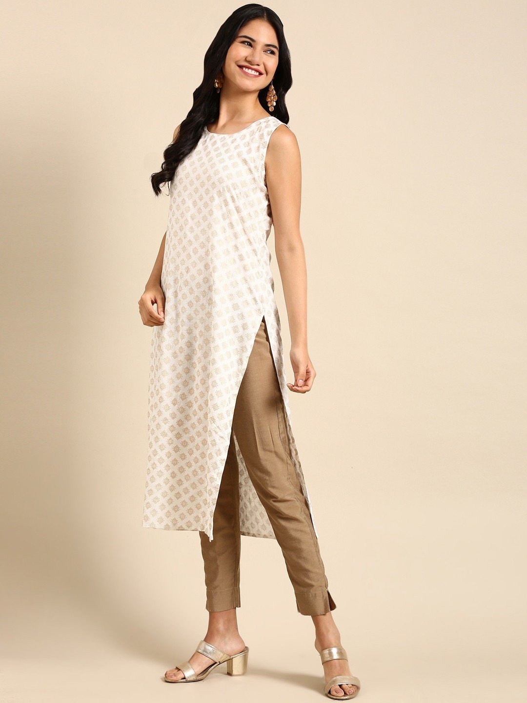 Women's White Chanderi Printed Comfort Fit Kurtas
