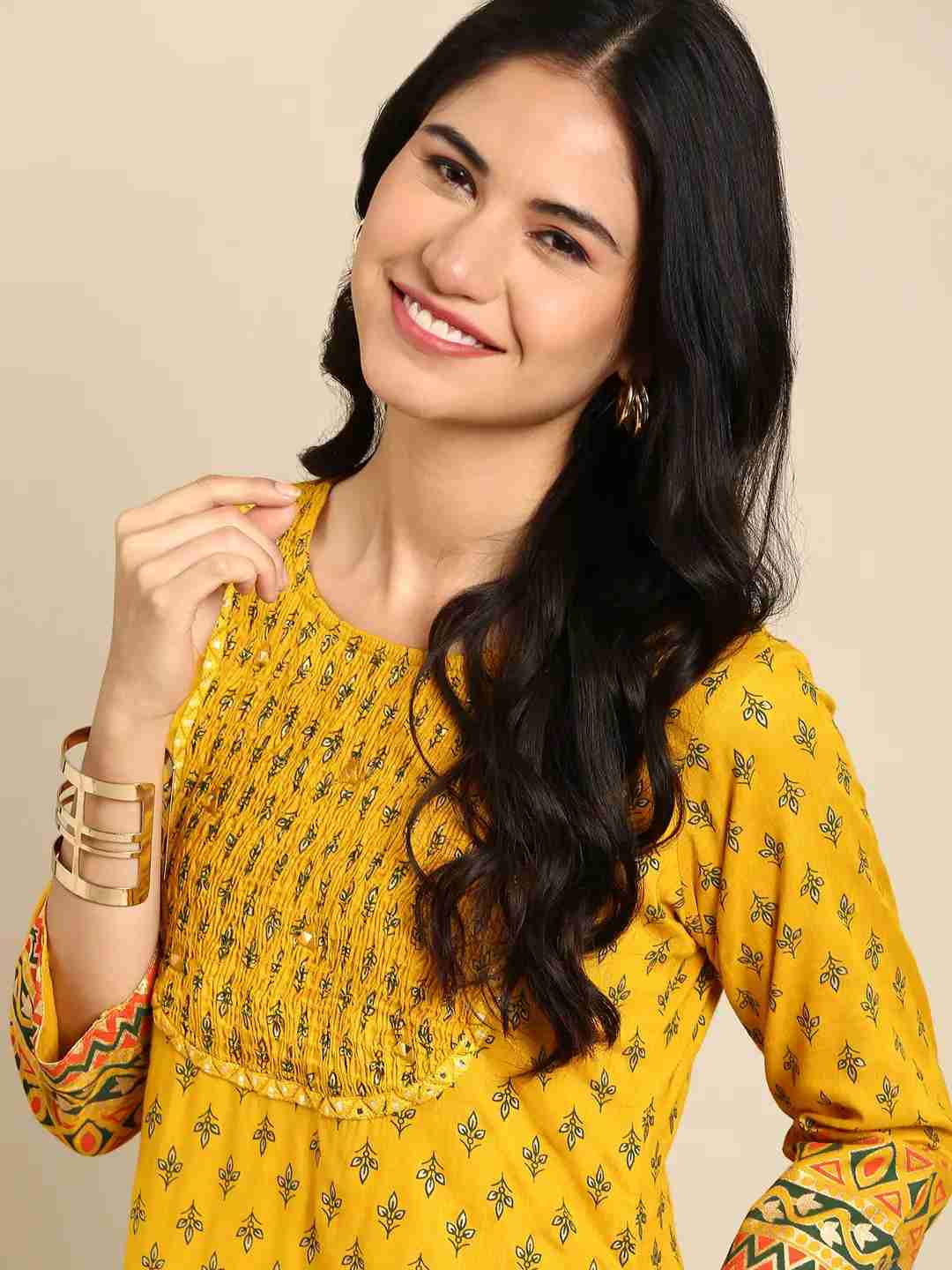 SHOWOFF Women Mustard Ethnic Motifs Round Neck Three-Quarter Sleeves Mid Length Straight Kurta
