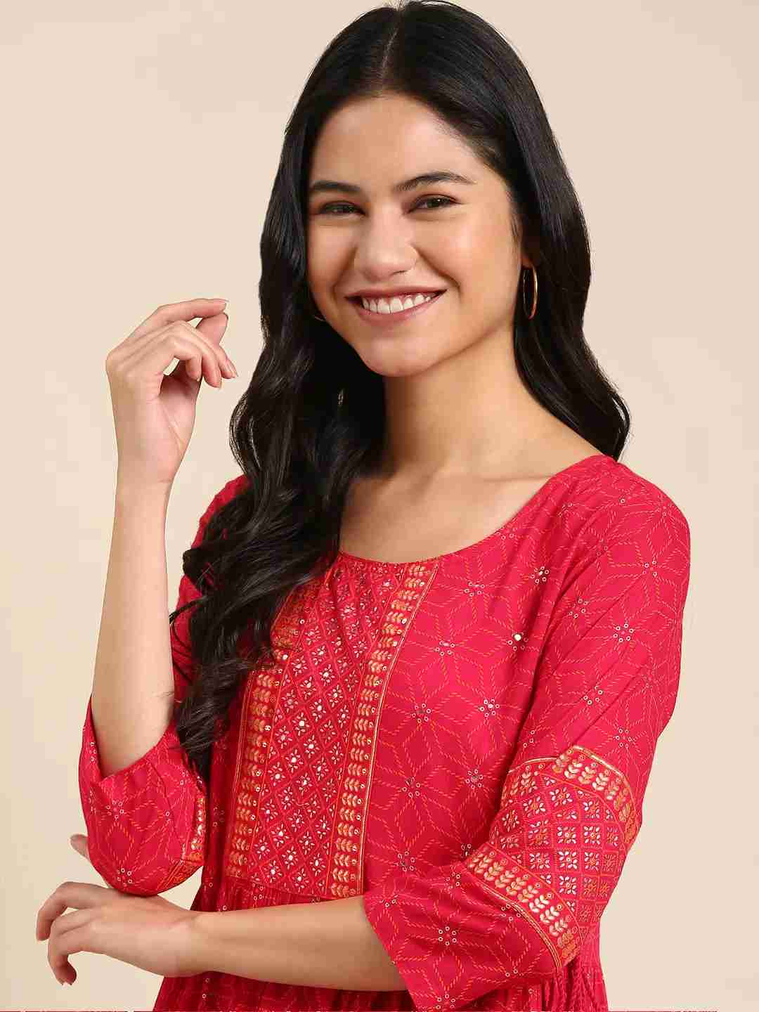 SHOWOFF Women Pink Geometric Round Neck Three-Quarter Sleeves Mid Length Straight Kurta