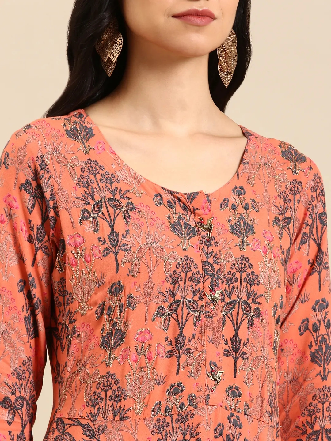 Women's Orange Cotton Printed Comfort Fit Kurtas