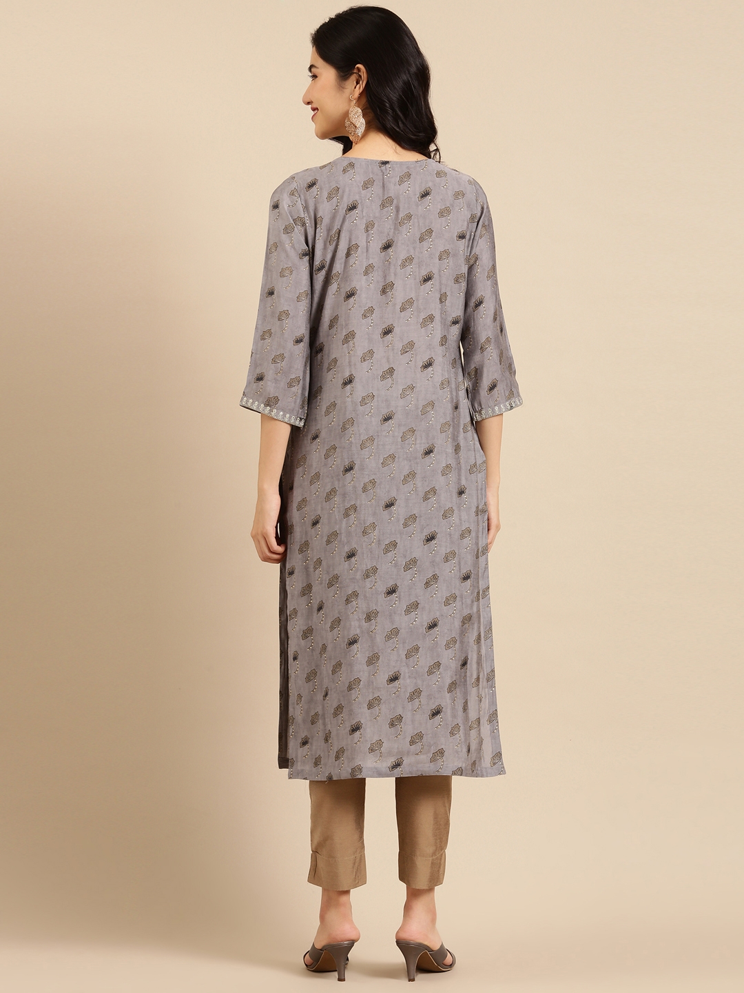 Women's Grey Silk Printed Comfort Fit Kurtas