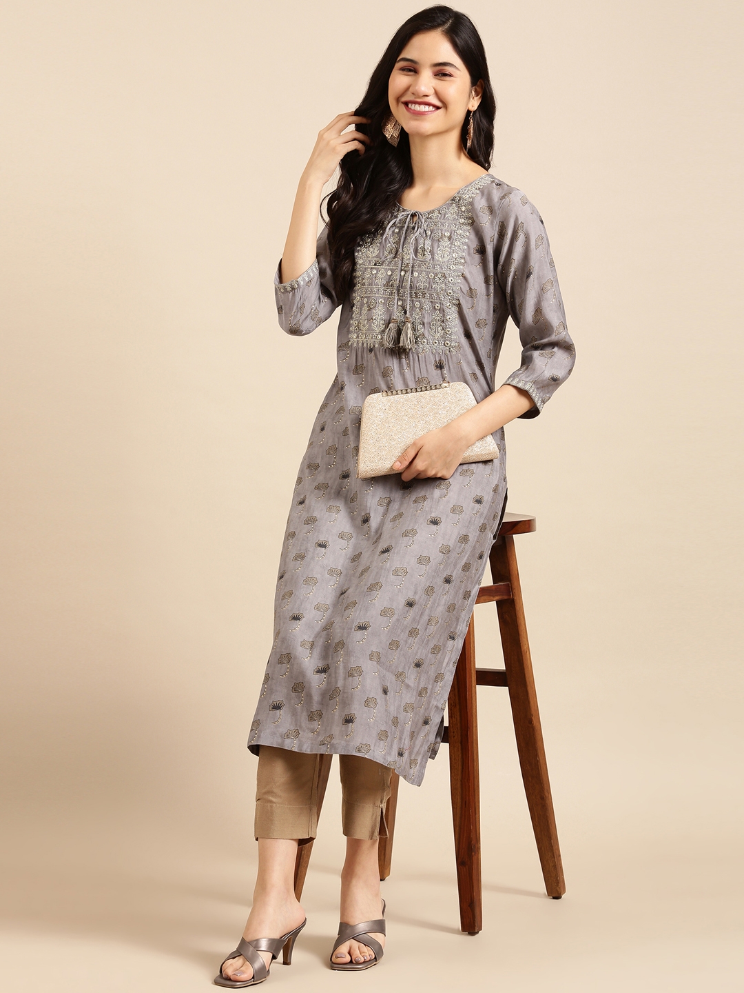 Women's Grey Silk Printed Comfort Fit Kurtas