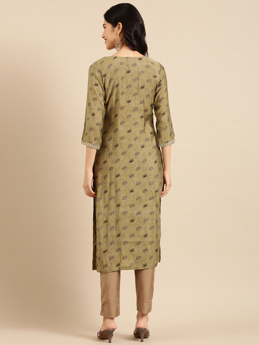 Women's Green Silk Printed Comfort Fit Kurtas