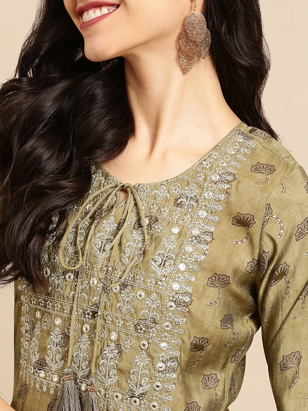 Women's Green Silk Printed Comfort Fit Kurtas