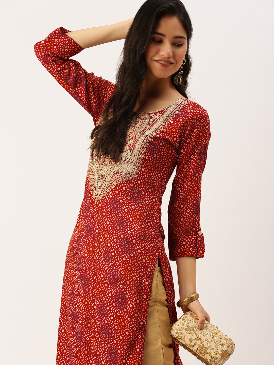 Women's Red Cotton Printed Comfort Fit Kurtas