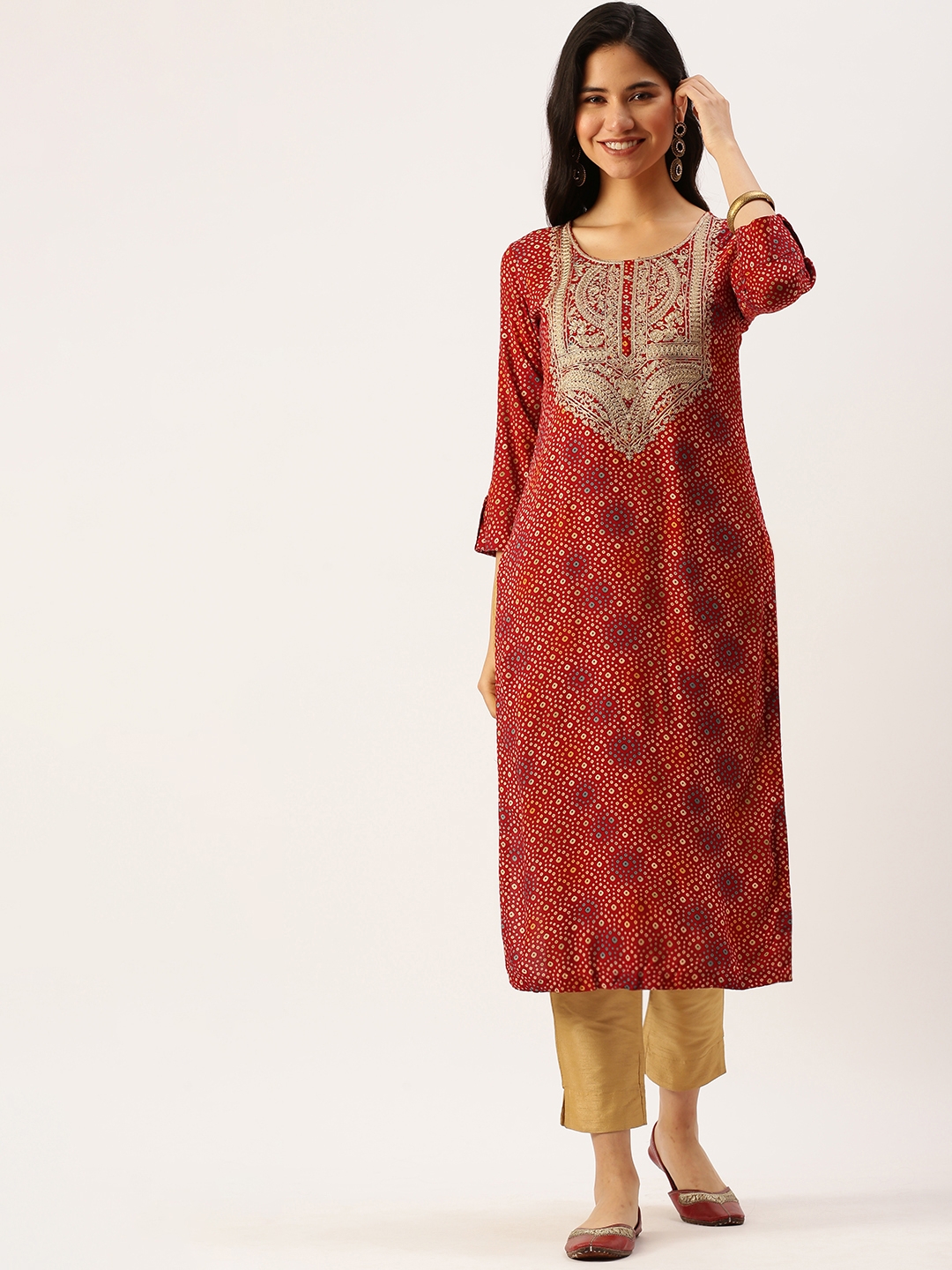 Women's Red Cotton Printed Comfort Fit Kurtas