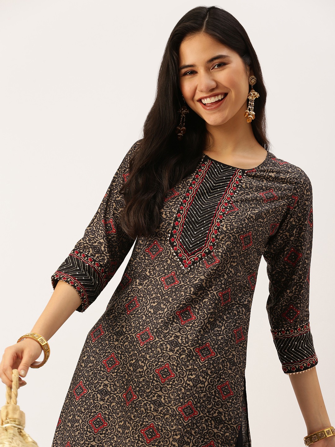 Women's Black Cotton Printed Comfort Fit Kurtas