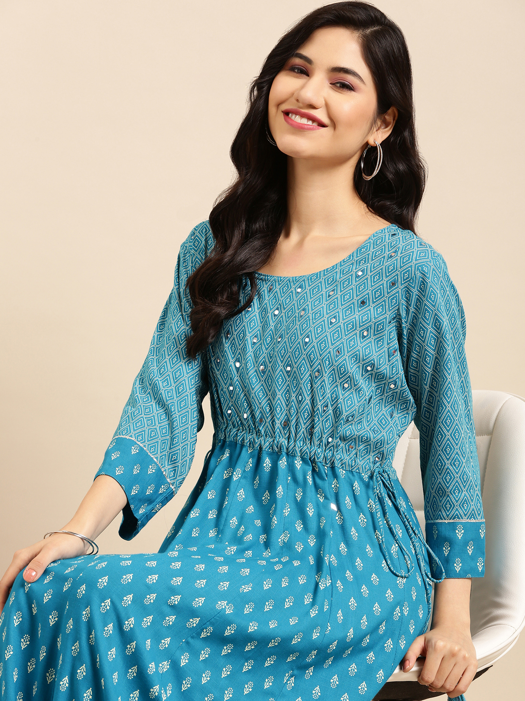 SHOWOFF Women's Ankle Length Blue Solid Anarkali Kurta