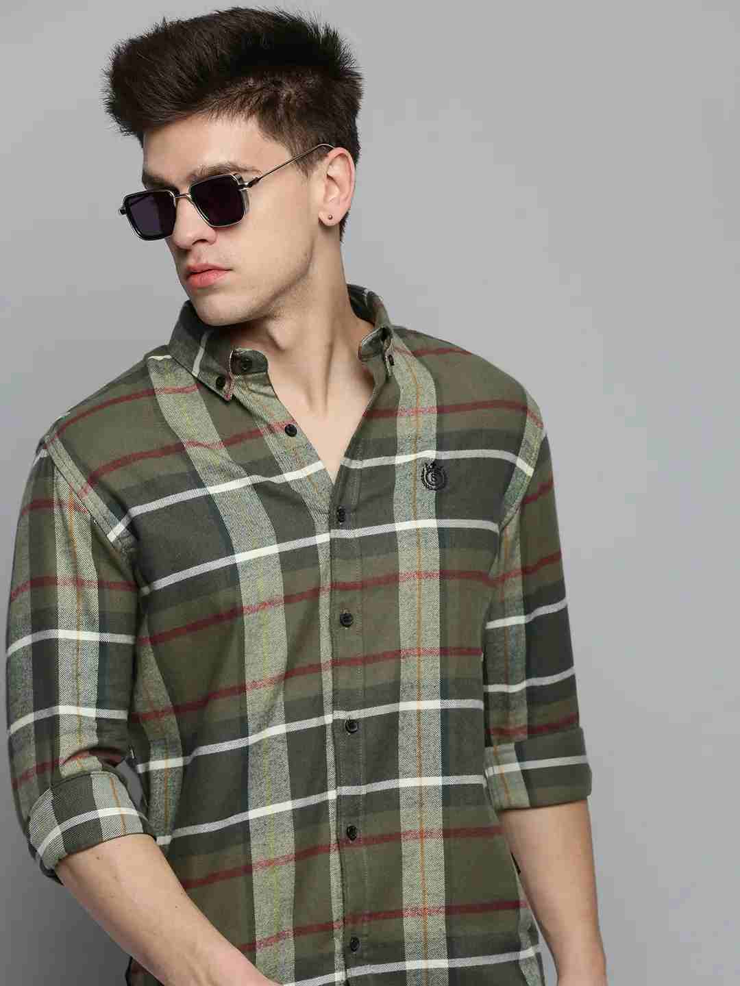 SHOWOFF Men's Spread Collar Olive Checked Shirt
