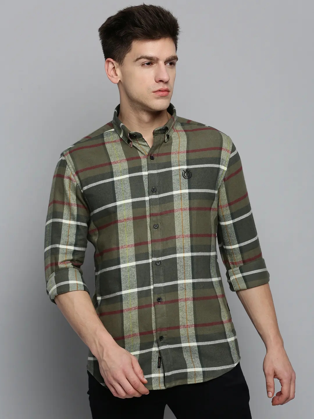 SHOWOFF Men's Spread Collar Olive Checked Shirt