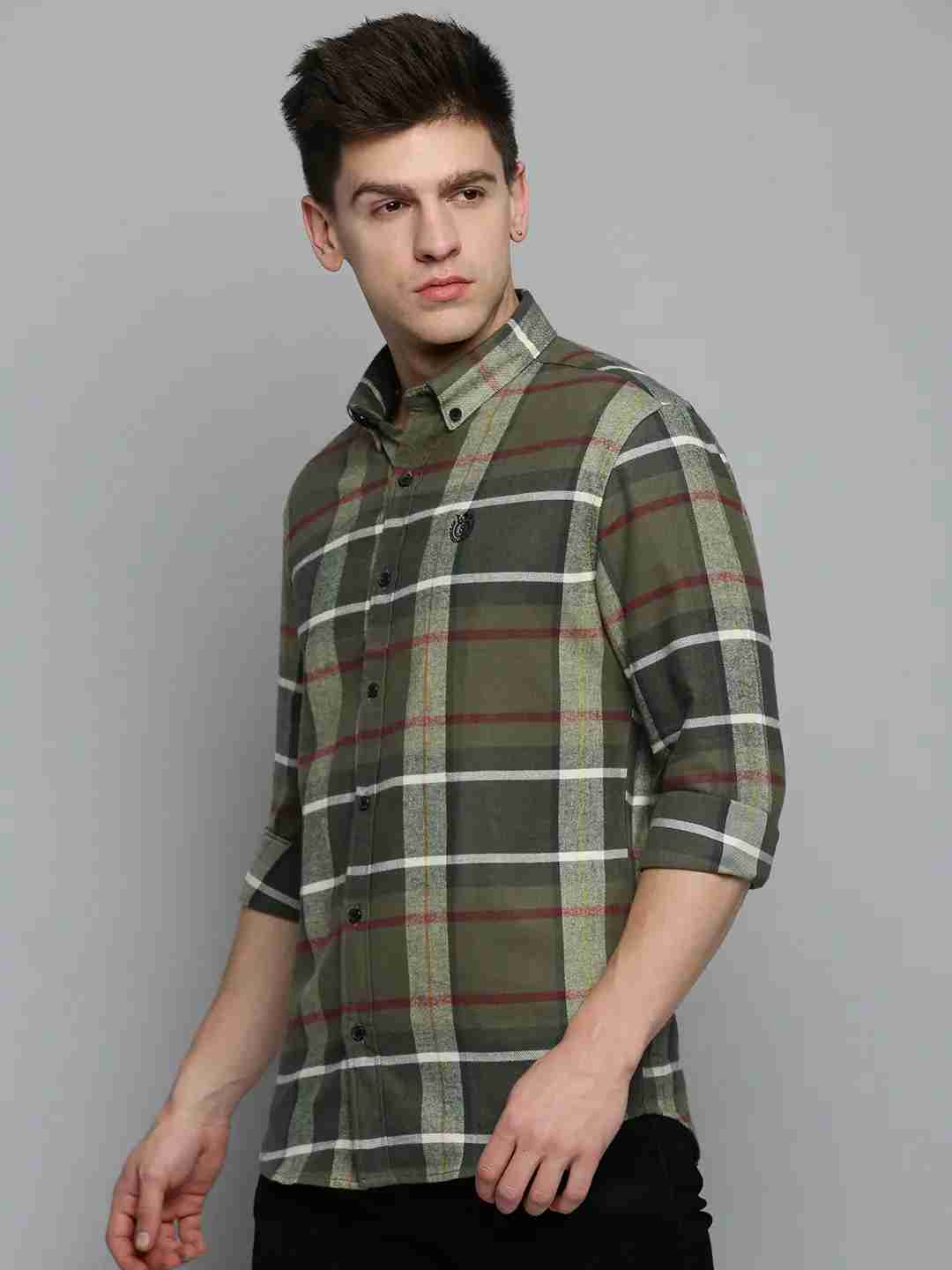 SHOWOFF Men's Spread Collar Olive Checked Shirt