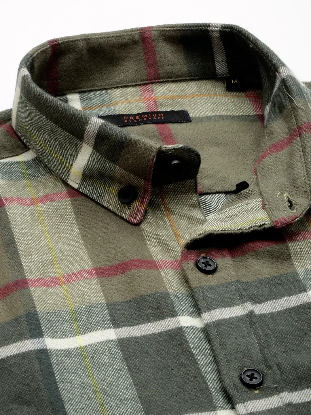 SHOWOFF Men's Spread Collar Olive Checked Shirt