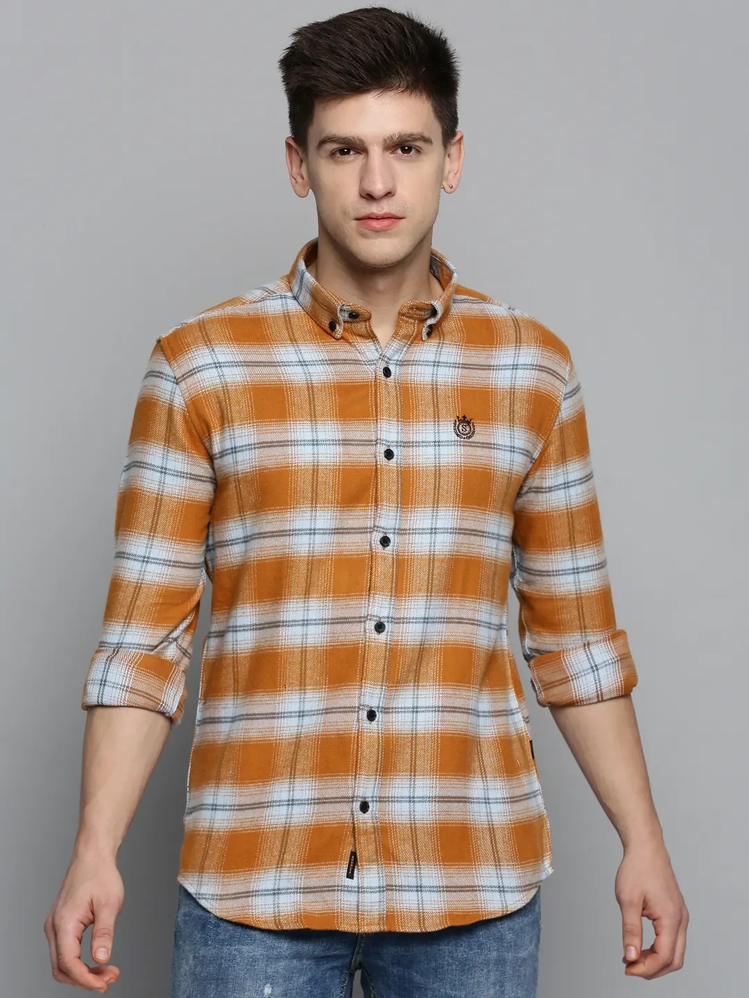 SHOWOFF Men's Spread Collar Orange Checked Shirt