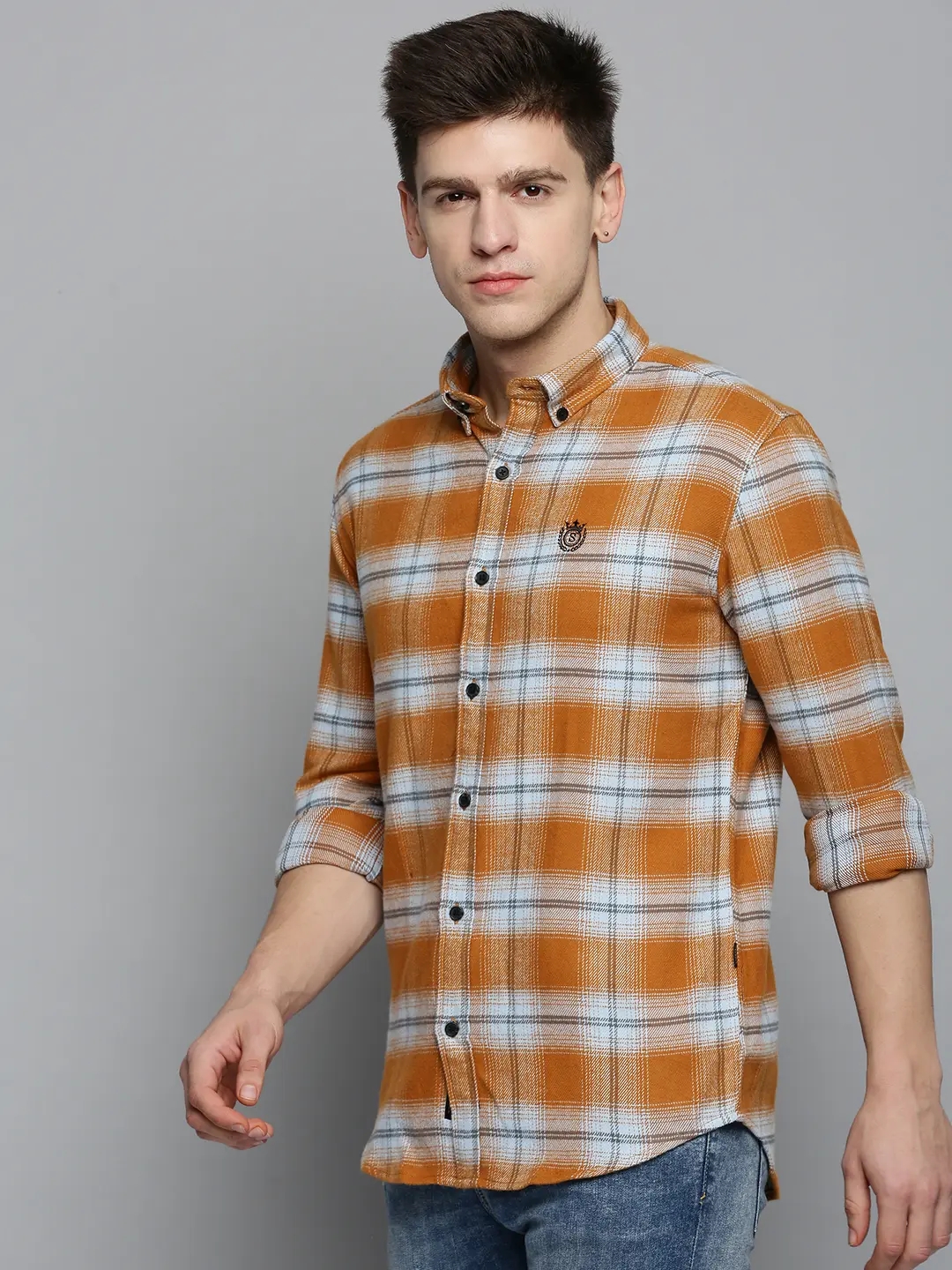 SHOWOFF Men's Spread Collar Orange Checked Shirt