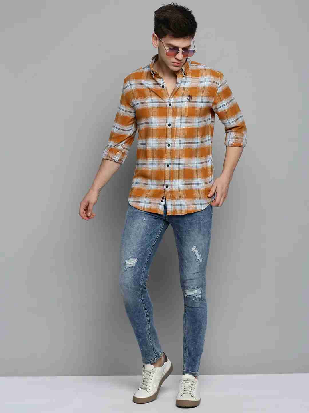 SHOWOFF Men's Spread Collar Orange Checked Shirt