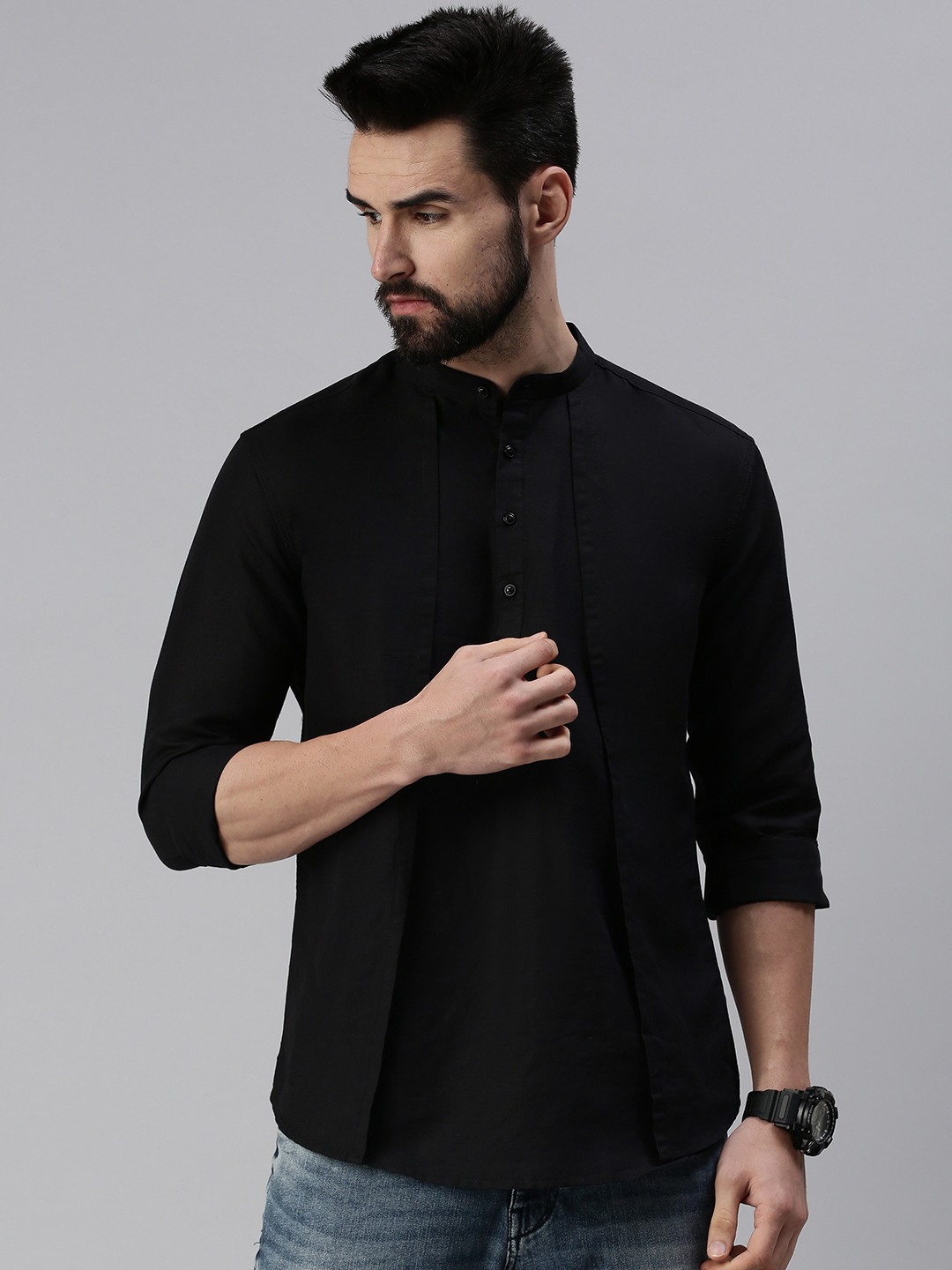 SHOWOFF Men's Solid Black Mandarin Collar Kurtas
