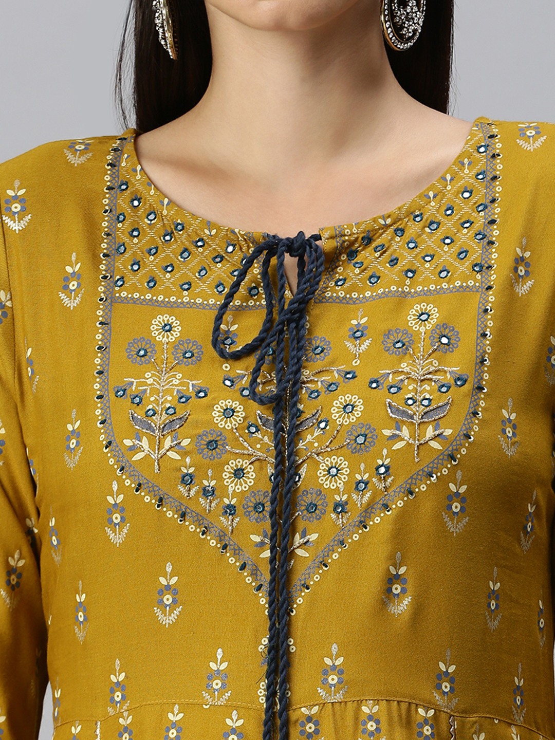 Women's Yellow Cotton Blend Floral Regular Kurta Sets