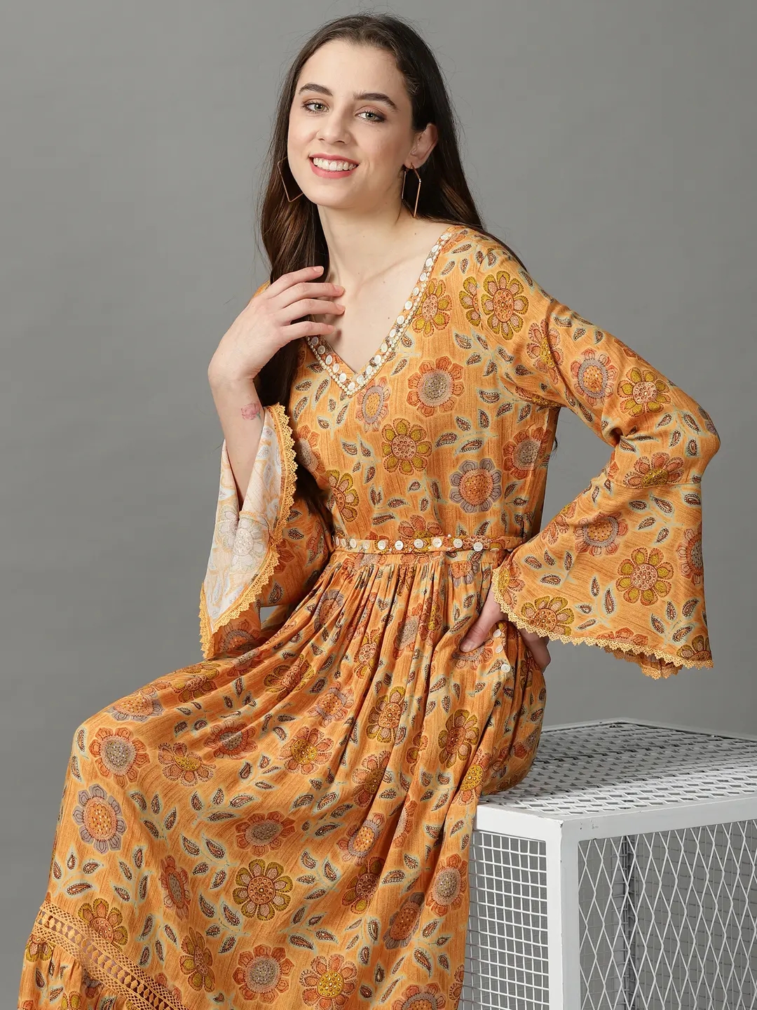 SHOWOFF Women's Printed V-Neck Mustard Maxi Dress