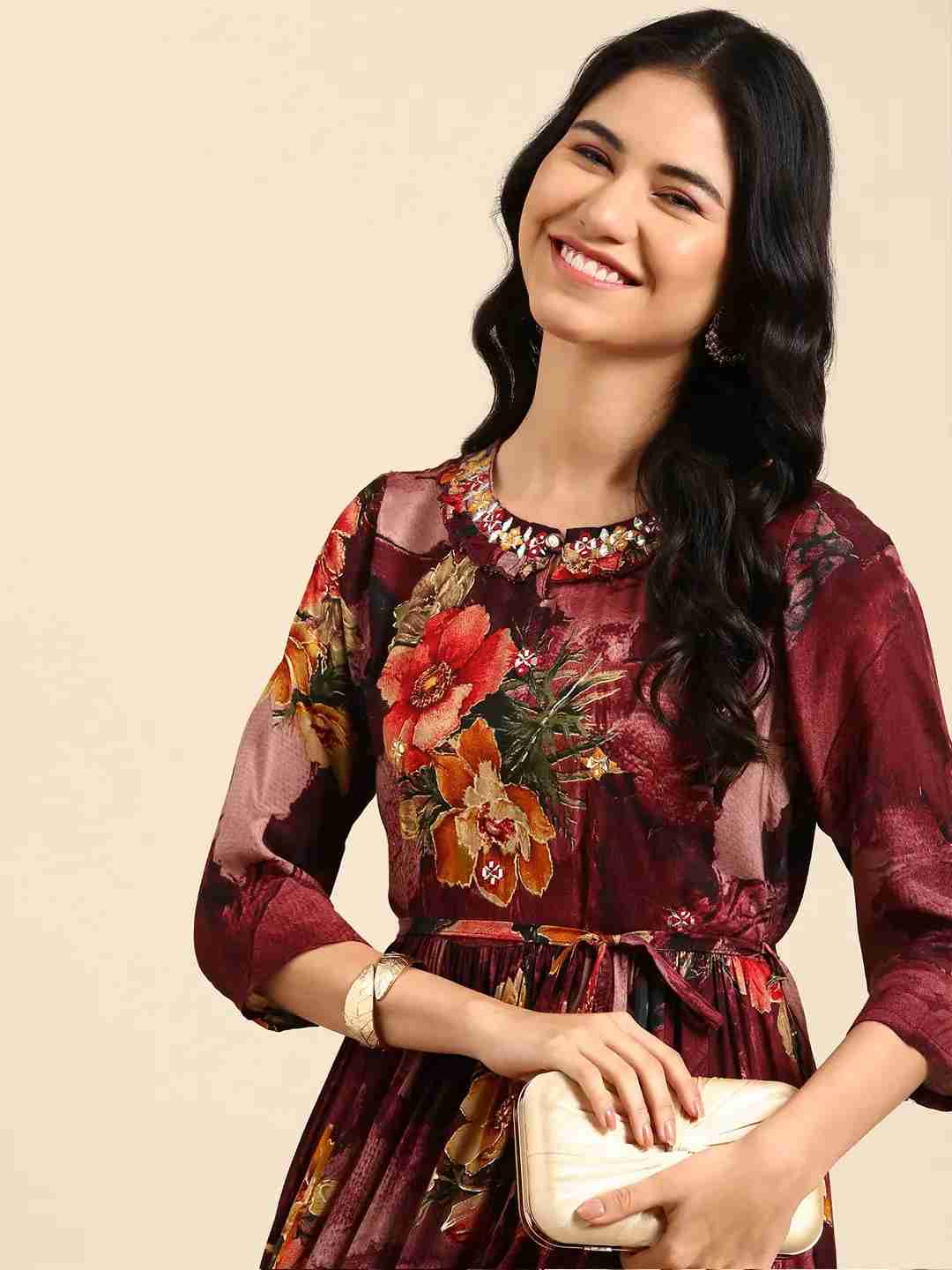 SHOWOFF Women Burgundy Abstract Keyhole Neck Three-Quarter Sleeves Mid Length Anarkali Kurta
