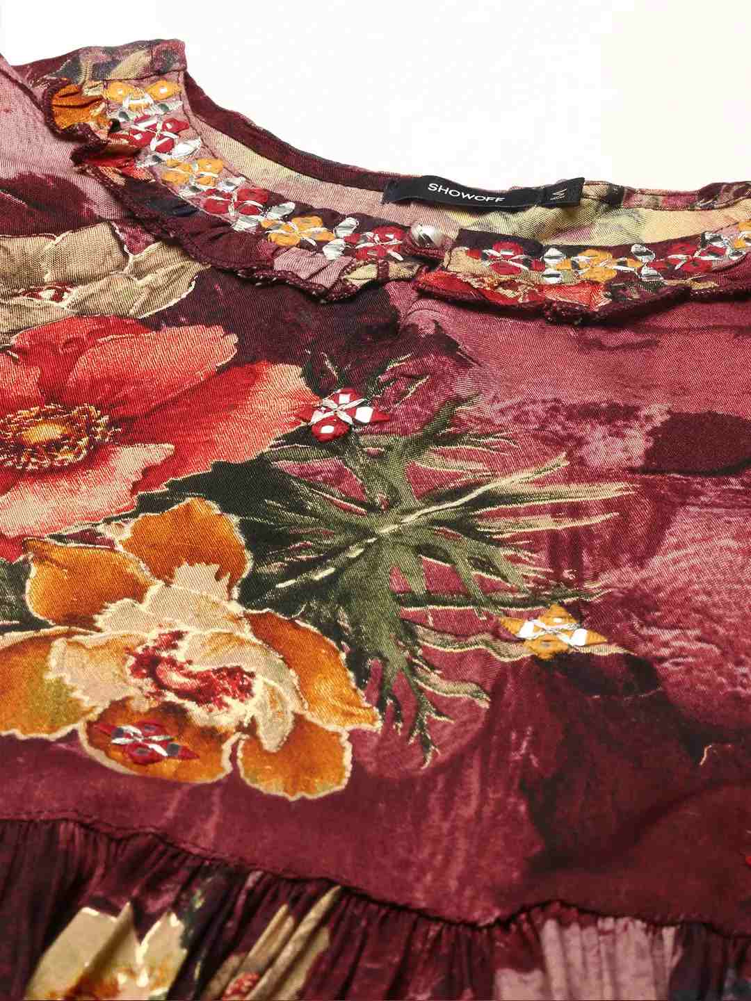 Women's Red Polyester Embroidered Comfort Fit Kurtas
