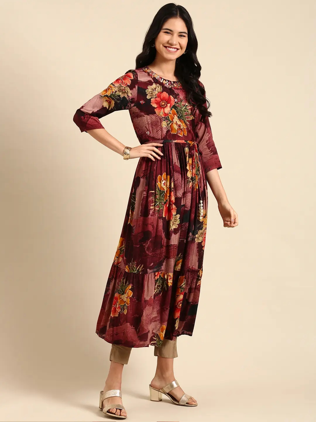 Women's Red Polyester Embroidered Comfort Fit Kurtas